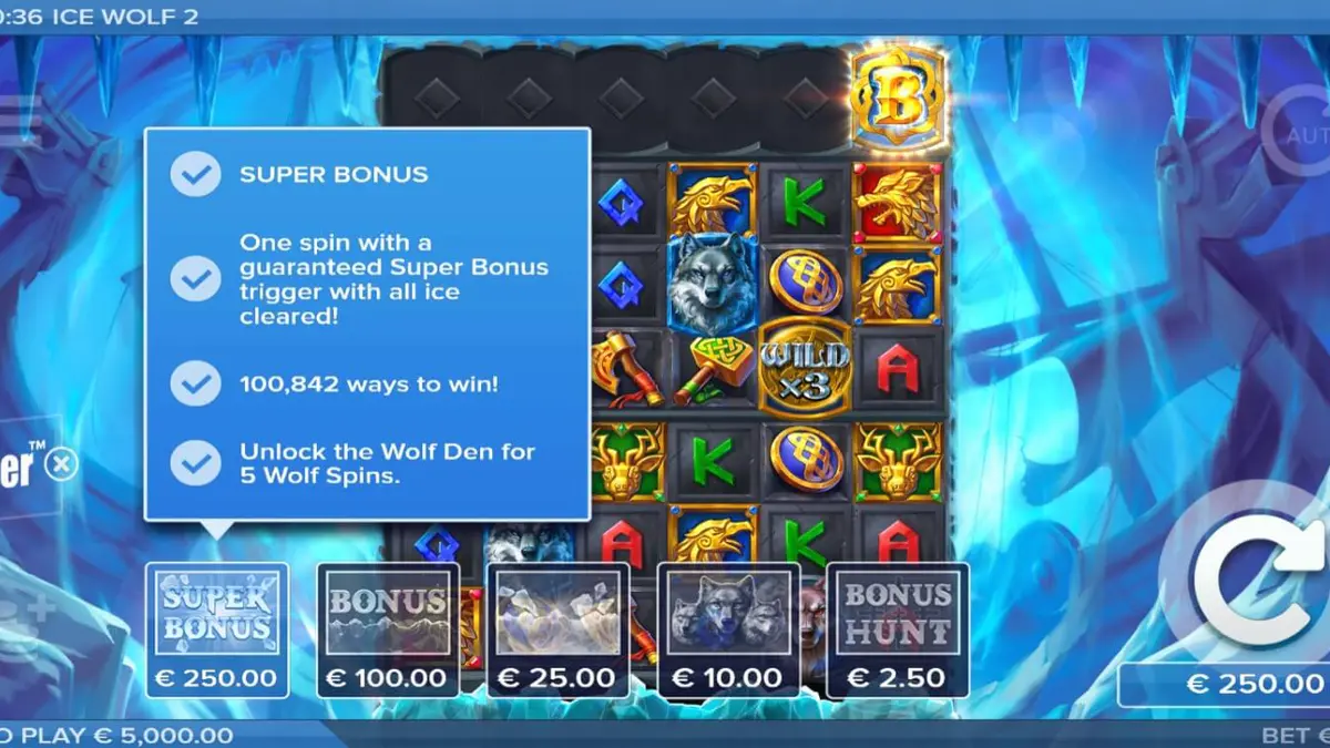 Tampilan visual grid es dan simbol bertema Arktik pada slot Ice Wolf 2