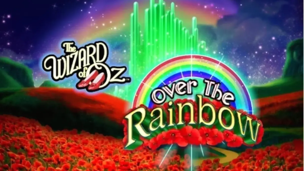 Tampilan visual mesin slot The Wizard of Oz: Over the Rainbow dengan elemen ikonik seperti jalan bata kuning dan karakter klasik.